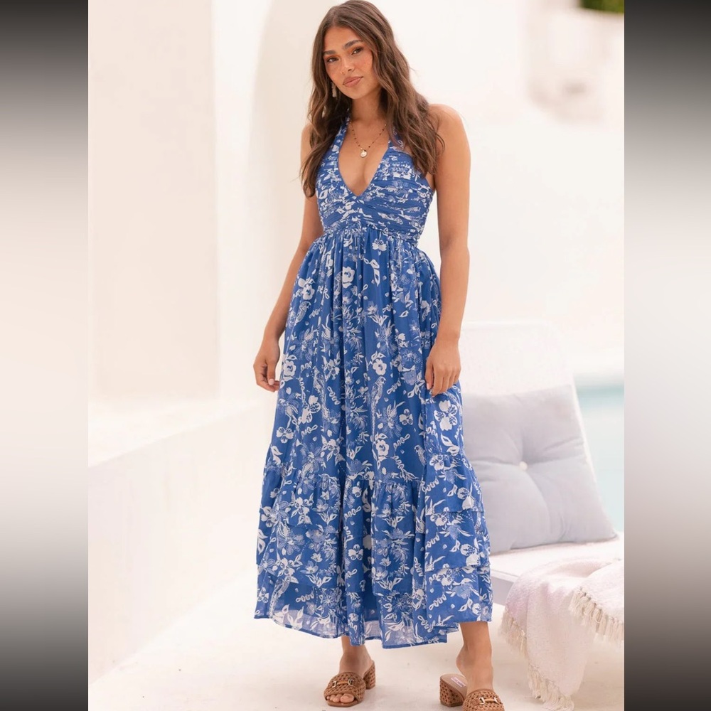 JessaKae Blue Floral Halter Maxi Dress